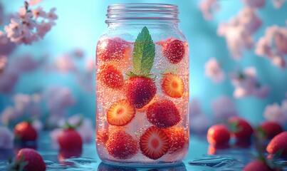A mason jar filled with sliced strawberries and a mint leaf, submerged in sparkling water, sits on a reflective surface amidst a bokeh of pink blossoms