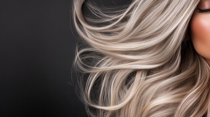 Naklejka premium This close-up image showcases luxurious, flowing hair cascading elegantly against a dark backdrop, highlighting themes of beauty, femininity, and the artistry of hair styling.