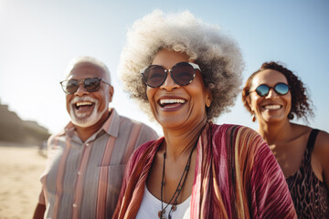 Obraz premium A group of happy seniors enjoying a sunny day at the beach captures pure joy, connection, and the beauty of aging gracefully in a natural setting filled with laughter.