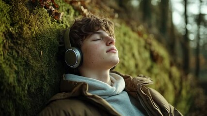 A teenage boy wearing noise-canceling smart headphones leaning quietly against a moss-covered wall in a futuristic garden - Powered by Adobe