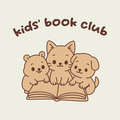 Cute hamster, cat and dog reading book together for kids' book club. Hand-drawn vector illustration with kawaii animals and open book
