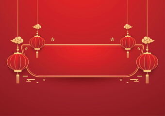 Happy Chinese new year 2026. Chinese new year banner for show product. Greeting card. China frame with lantern on red background.