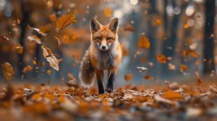 Fototapeta premium A majestic fox strides through a carpet of autumn leaves, surrounded by a misty forest, capturing the essence of nature's beauty and the onset of the fall season.