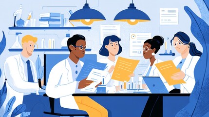 Diverse scientific research team meeting in laboratory for collaboration and data analysis review