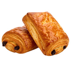 Two golden brown chocolate croissants with flaky layers and glossy finish on a white background perfect for breakfast or bakery shop images