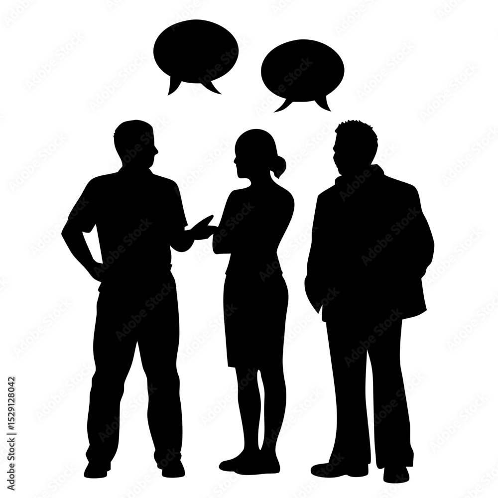 Poster silhouette of three people in discussion with speech bubbles above them on a white background scene 