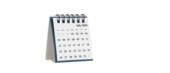 Desktop calendar for July 2026 in white colour. Mini planner for business and finance, spiral view on isolated white background close up.
