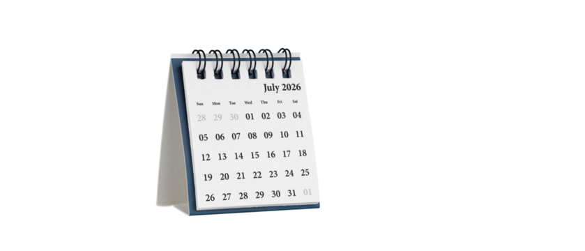 Desktop calendar for July 2026 in white colour. Mini planner for business and finance, spiral view on isolated white background close up.