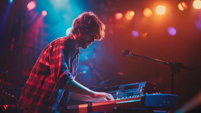 A young musician passionately plays the keyboard on stage, illuminated by colorful lights, capturing the energy and excitement of live performances and music. - Powered by Adobe