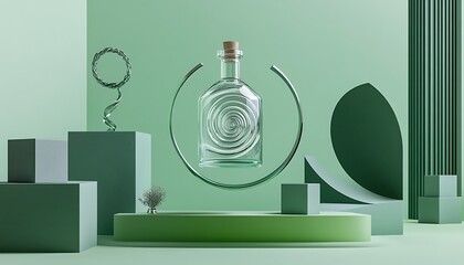 Floating glass bottle on green geometric product stand with spiral and cube elements