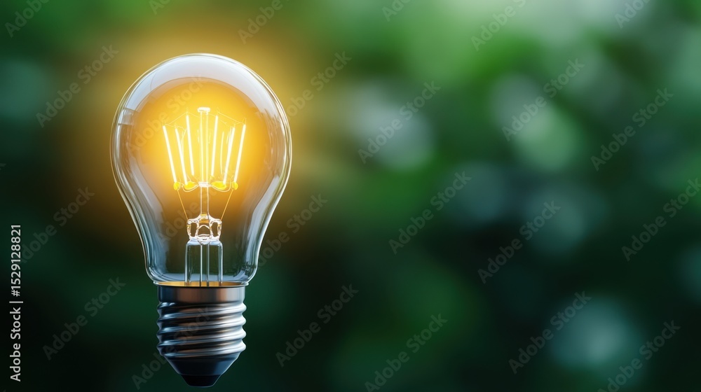 Poster bright light bulb glowing in nature background with soft green bokeh effect