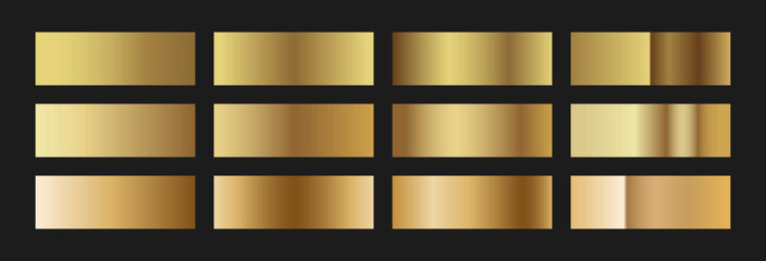 Elegant classic gold gradient swatches collection. Metallic textures with polished foil shine and satin smooth. Glossy palette for premium and luxury designs and branding