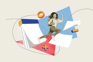 Creative 3D photo collage trend artwork template of young teetnage girl run smile calendar sheet lesson nerd pupil school autumn season