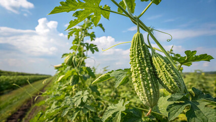 Bitter Melon hanging from a tree branch in field, Bitter Melons in garden in blue sky natural view