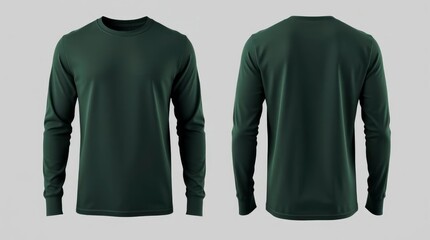 Front and back view of a plain forest green long sleeve shirt laid out on a neutral background.