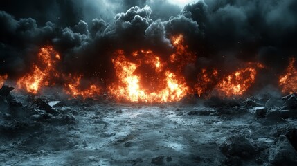 Fototapeta premium A stunning yet terrifying image of a firestorm raging through a desolate, apocalyptic landscape filled with ominous clouds and dynamic flames that evoke fear.