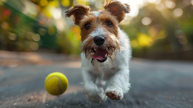 A lively dog joyfully races towards a tennis ball, capturing the essence of playfulness, companionship, and the vibrant energy of pets enjoying their playful moments outside. - Powered by Adobe