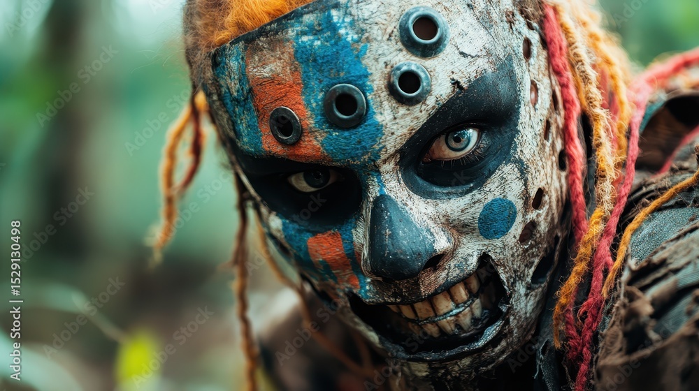 Poster a close-up of a mysterious figure with a strikingly painted face, showcasing intricate designs and v