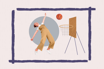 Trendy poster art pop collage of happy sportswoman sportsman throw basketball ball net competition...
