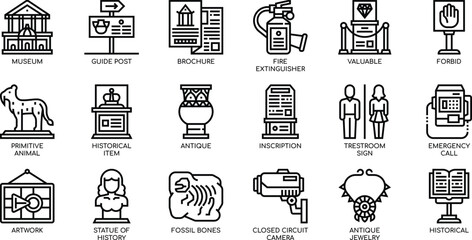 Museum Exhibit Icons  A Comprehensive Collection of Line Art Graphics for Museum Displays, Signage, and Educational Materials.  Perfect for websites, brochures, and applications.
