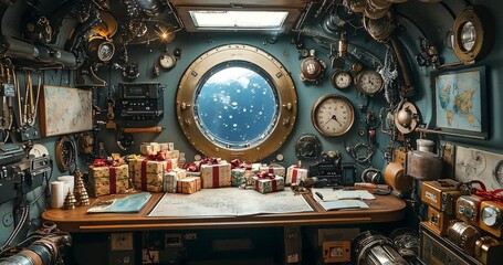 A still shot of a vintage submarine cabin decorated for Christmas, with gifts on a table and a porthole view of the ocean. - Powered by Adobe