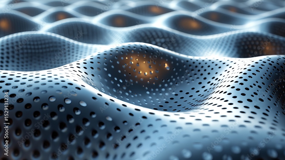 Aufkleber a close-up view of a futuristic abstract metallic surface featuring wavy patterns and glowing lights