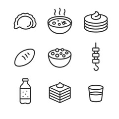 Russian Cuisine Icons. Outline icon set of Russian cuisine in Moscow: pelmeni dumpling, borscht bowl, blini stack, pirozhki pastry