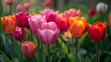 Fototapeta premium A stunning array of tulips in various colors showcases nature's beauty, capturing the essence of spring and evoking feelings of joy and renewal in a vibrant garden setting.