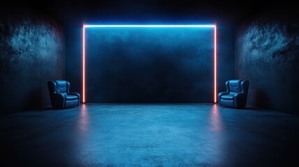 An atmospheric and stylish interior featuring two comfortable chairs and striking neon lighting creates a bold, modern aesthetic, perfect for showcasing contemporary design.