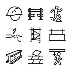 Safety Vulnerabilities Icons. Outline icon set of physical safety vulnerability: cracked helmet, broken railing, slippery floor,