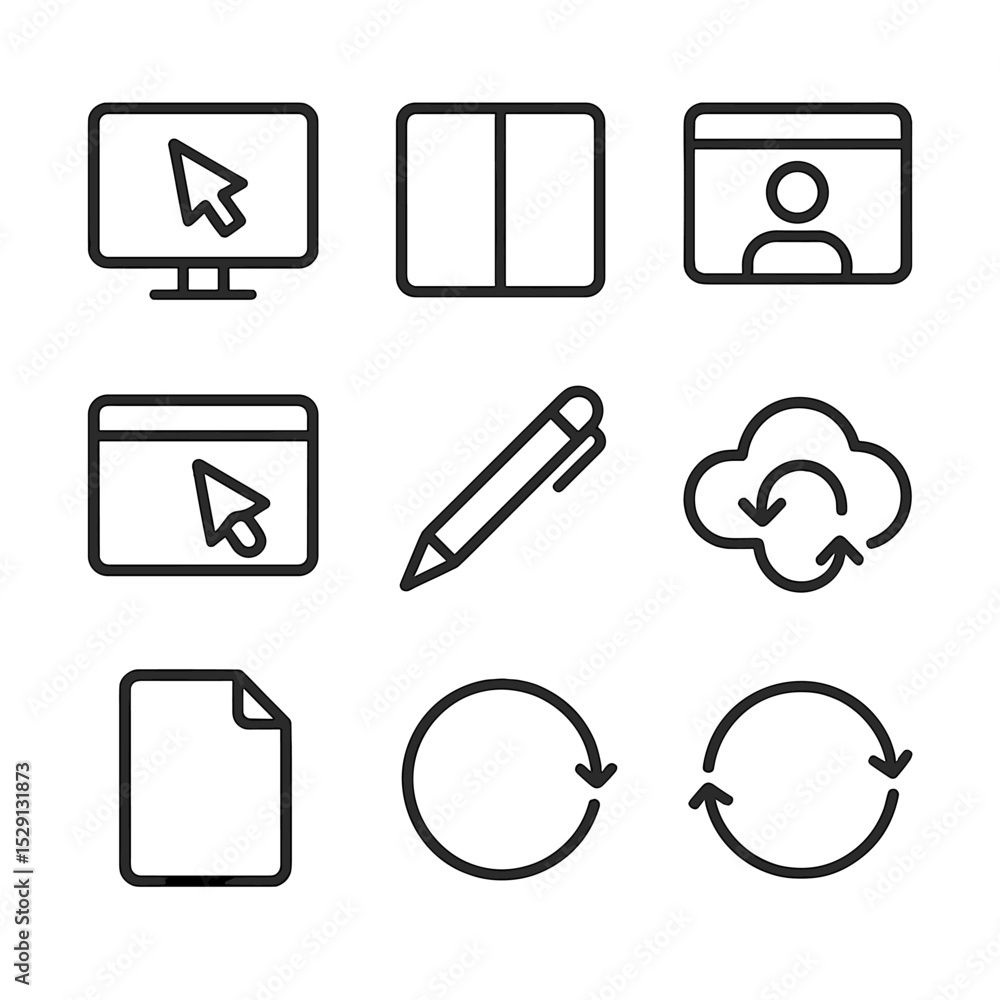 Poster screen sharing icons. outline icon set of screen sharing and collaboration: computer monitor, cursor