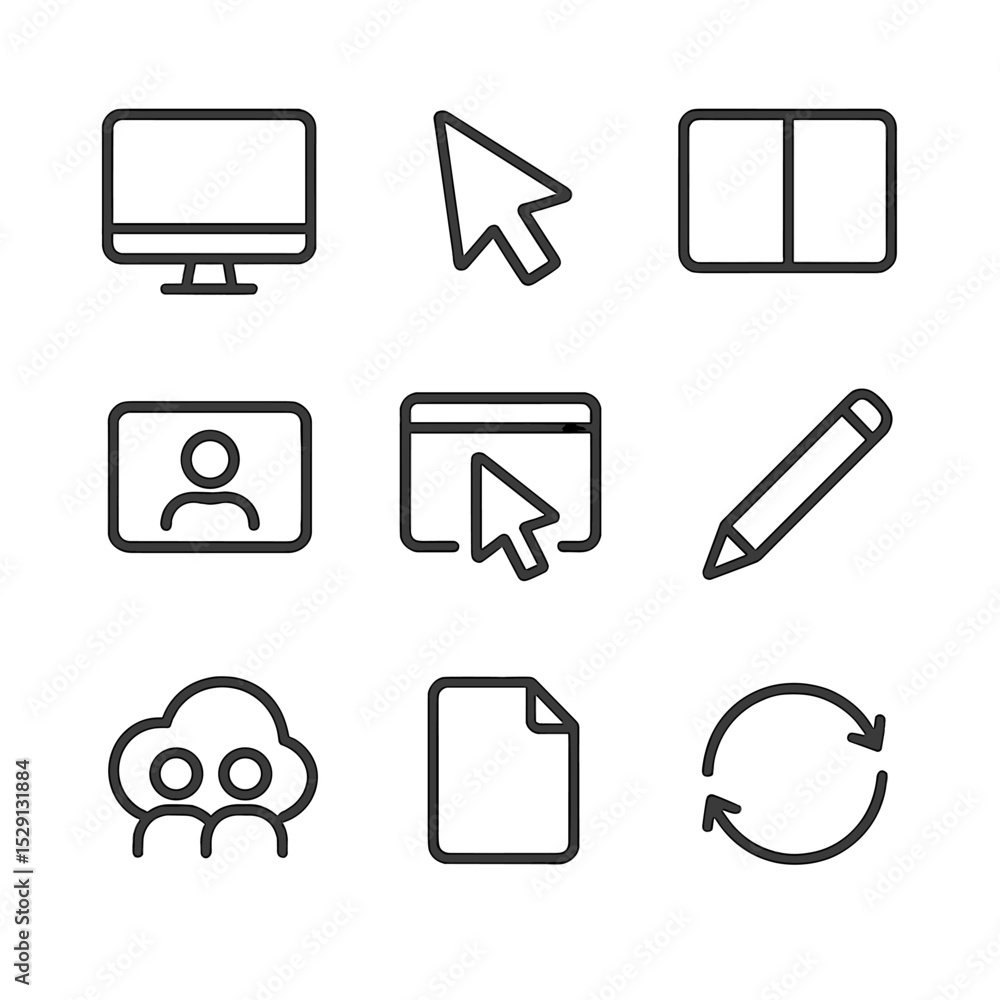 Poster screen sharing icons. outline icon set of screen sharing and collaboration: computer monitor, cursor