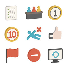Scoring Icon Set. Isometric Flat icon set of scoring and judging: scorecard sheet, judge table, round indicator, ten-point system
