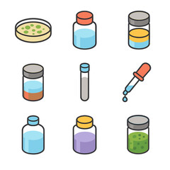 Scientific Sample Icons. Isometric Flat icon set of scientific sample jars: bacterial culture, pH test solution, oil-water mixture