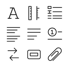 Screenplay Icon Set. Outline icon set of screenplay formatting guides: Courier font, margin rulers, tab stops, indents, header