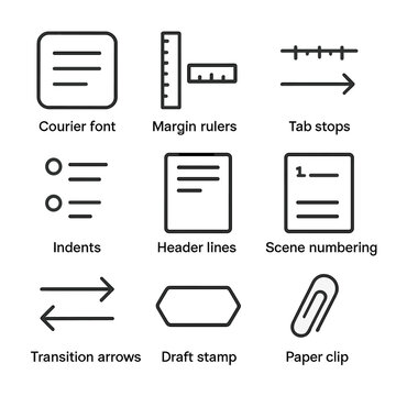 Screenplay Icon Set. Outline icon set of screenplay formatting guides: Courier font, margin rulers, tab stops, indents, header