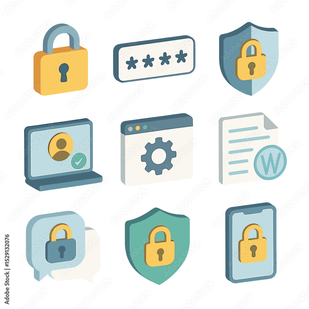 Poster security icon grid. isometric flat icon set of security and privacy controls: lock icon, password fi