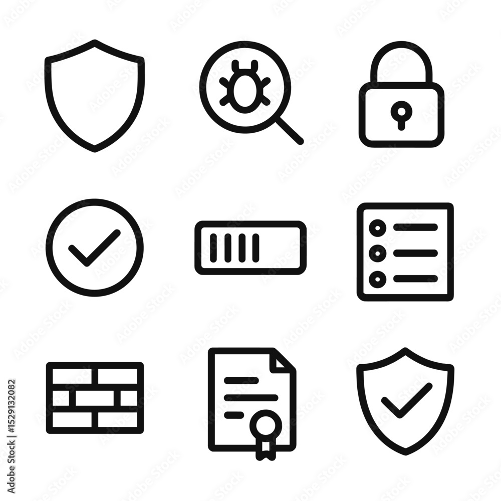 Aufkleber security icon set. outline icon set of security scanning pipeline: shield emblem, vulnerability magn