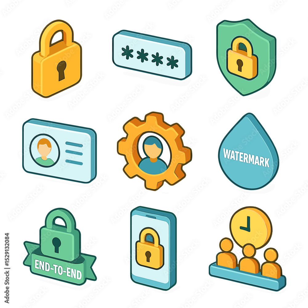Aufkleber security icon grid. isometric flat icon set of security and privacy controls: lock icon, password fi