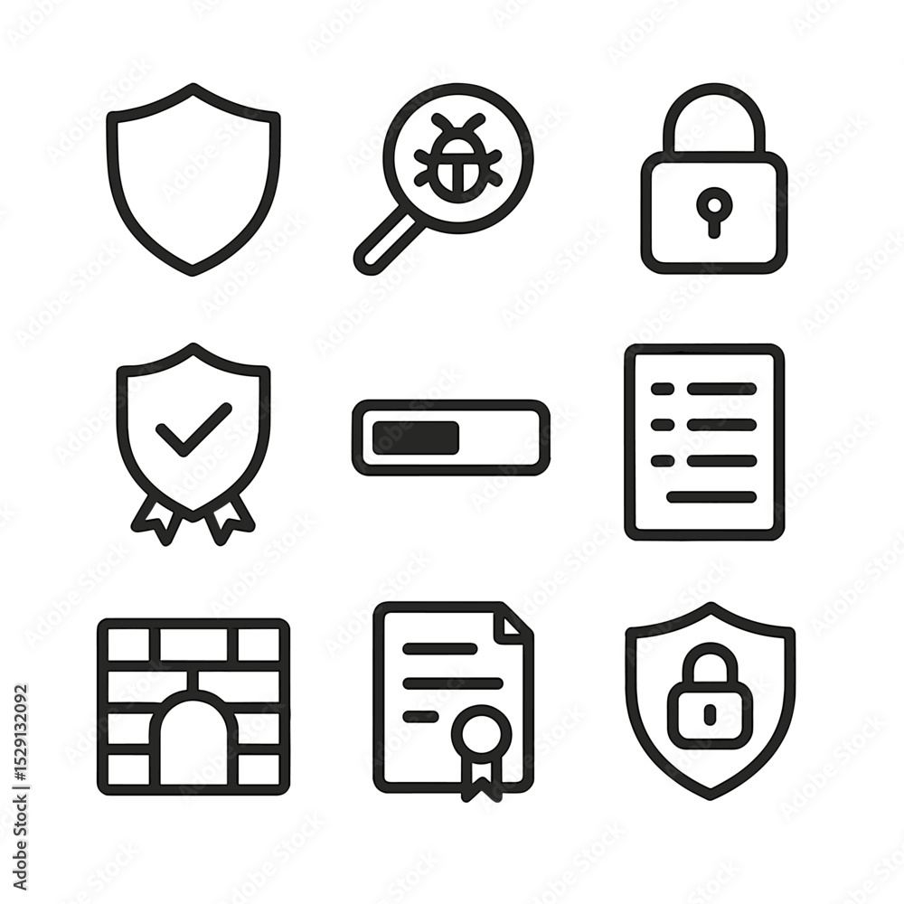 Poster security icon set. outline icon set of security scanning pipeline: shield emblem, vulnerability magn