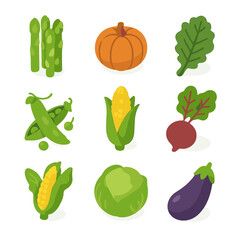Seasonal Harvest Icons. Isometric Flat icon set of seasonal organic harvest: spring asparagus, summer tomato, autumn pumpkin,