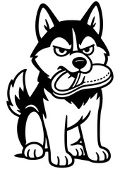 Black and white vector of a grumpy husky dog chewing a slipper, perfect for engraving, prints, logos, and creative projects