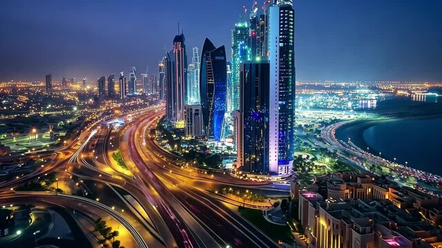 Night traffic time lapse showcasing the vibrant city lights and skyline of Abu Dhabi, Night traffic time lapse in Abu Dhabi