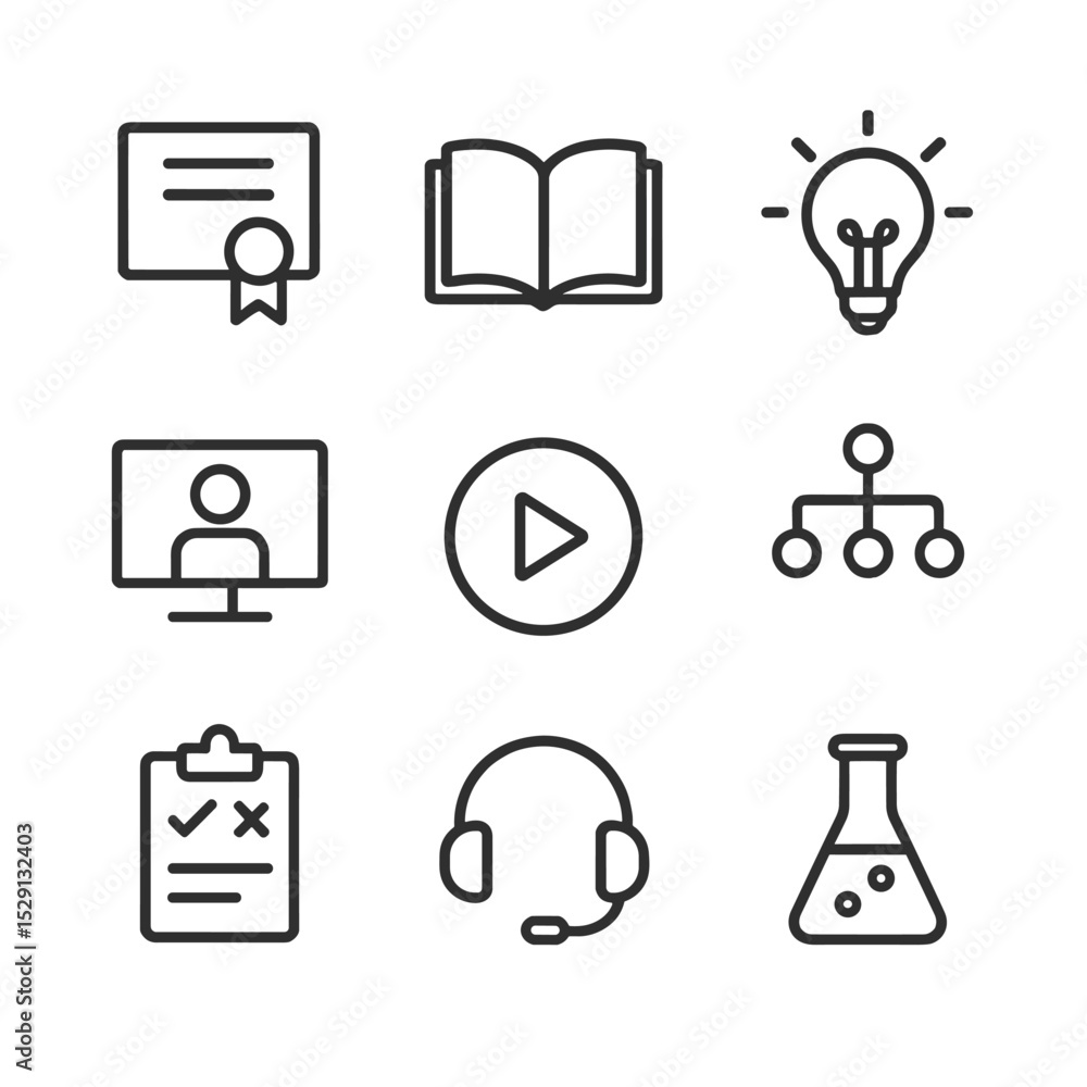 Poster skill development icons. outline icon set of skill development and learning: online certificate, ope