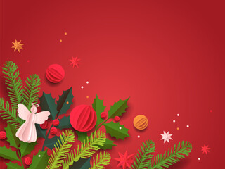 Paper cut template. Christmas vector greeting card. Christmas tree, balls, and a decor isolated on a red background. Winter frame for holidays with place for text.
