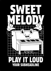 T-Shirt Design of Vintage Upright Piano Cartoon Illustration