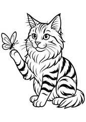 Fototapeta premium Black and white vector of cute Maine Coon cat playing with butterfly, ideal for engraving, prints, logos, coloring books, and creative projects.