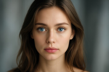 Naklejka premium Stunning Close-Up Portrait of Young Woman with Bright Blue Eyes and Natural Makeup