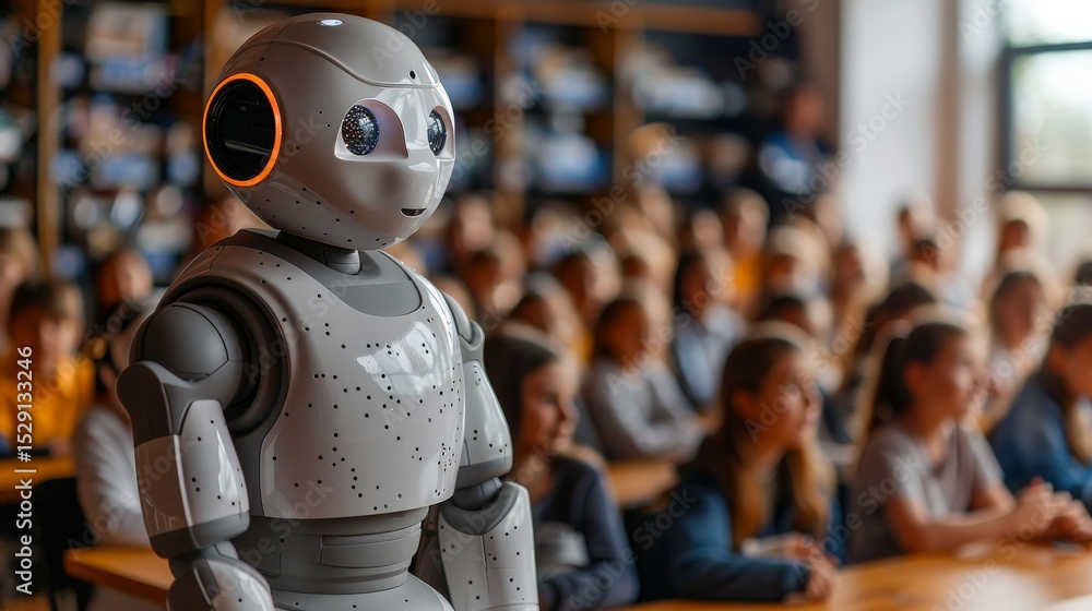 Poster a humanoid robot stands in a lively classroom filled with students, engaging them with its advanced 