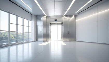 Obraz premium Bright Chrome Elevator Shaft in a Modern Building with Geometric Design and Clean Lines